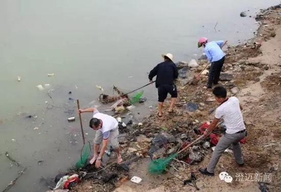 澄迈组织人员对南渡江金江段进行清理。